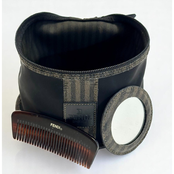 Fendi Complemento Cosmetics Bag Case Black Nylon Pequin Striped w/Comb & Mirror - Picture 5 of 12